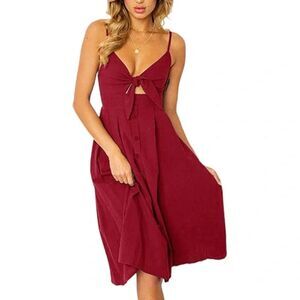 ECOWISH Burgundy Tie Front Midi Dress Smocked Back Strappy Size L
